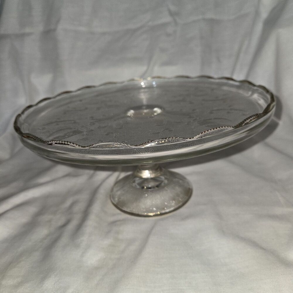 VINTAGE JEANETTE GLASS HARP DESIGN PEDESTAL CAKE STAND-22K GOLD TRIM-1950'S-NICE